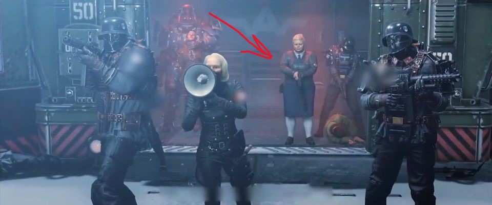 Something that looks like a screenshot of Wolfenstein II: The New Colossus, with red arrow pointed to character Sigrun Engel wearing her Nazi uniform and holding a pistol
